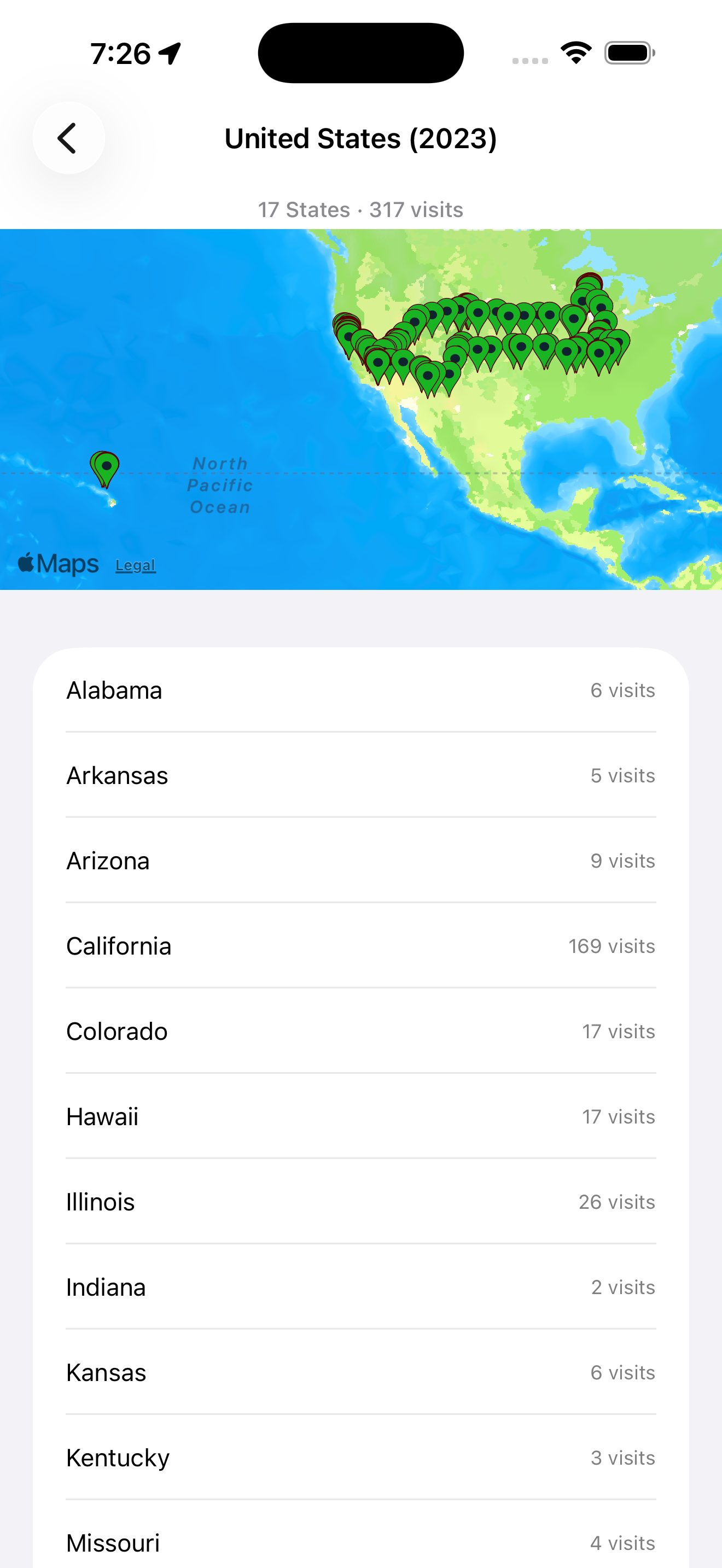 Drill-down into United States showing 17 states and 317 visits with per-state counts