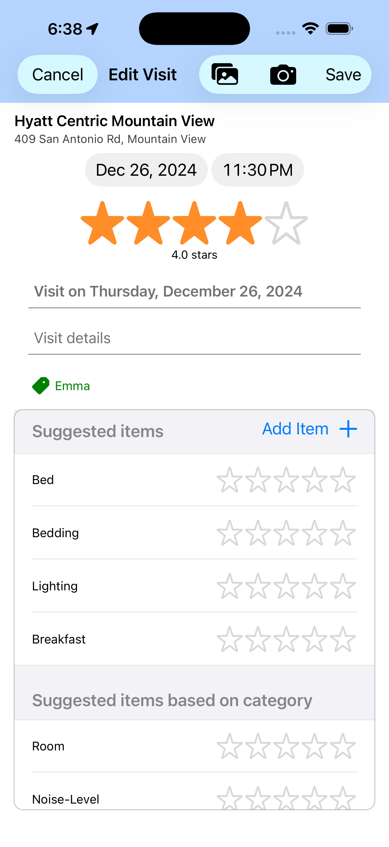Suggested items for hotel visits like bed, bedding, breakfast, and lighting