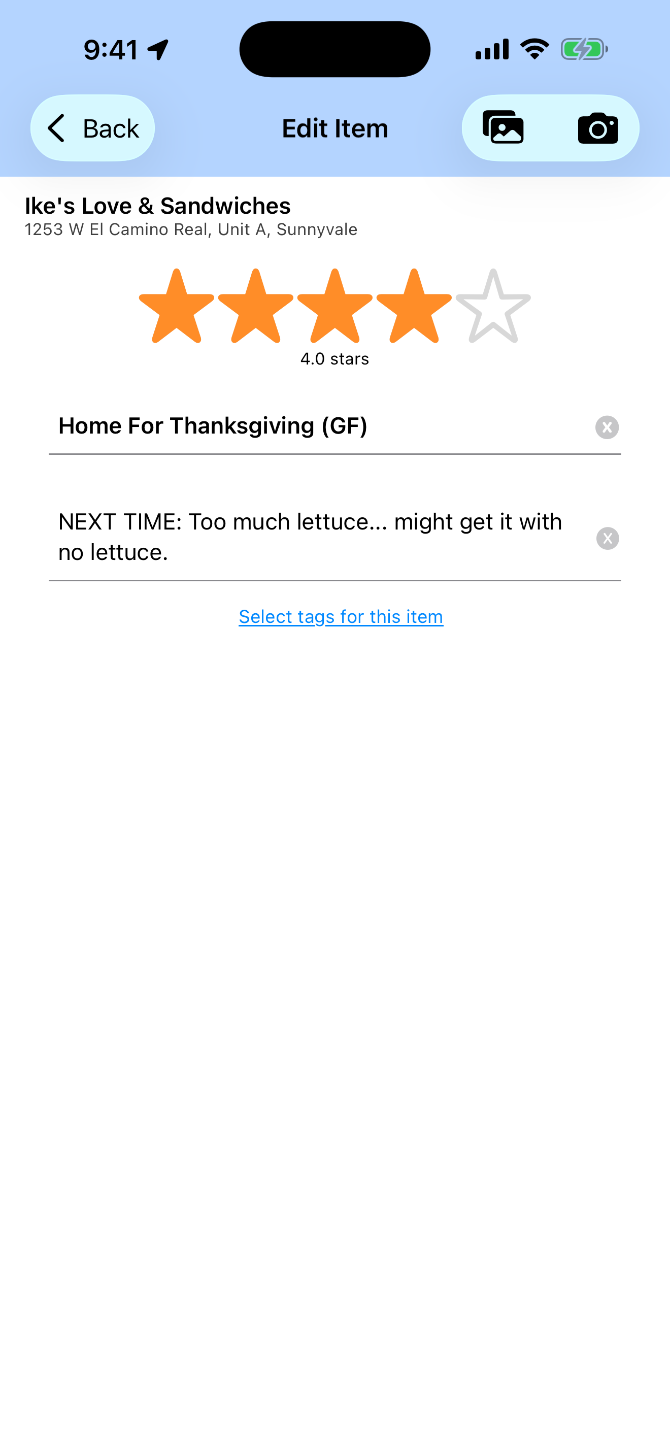 Editing an item at Ike's