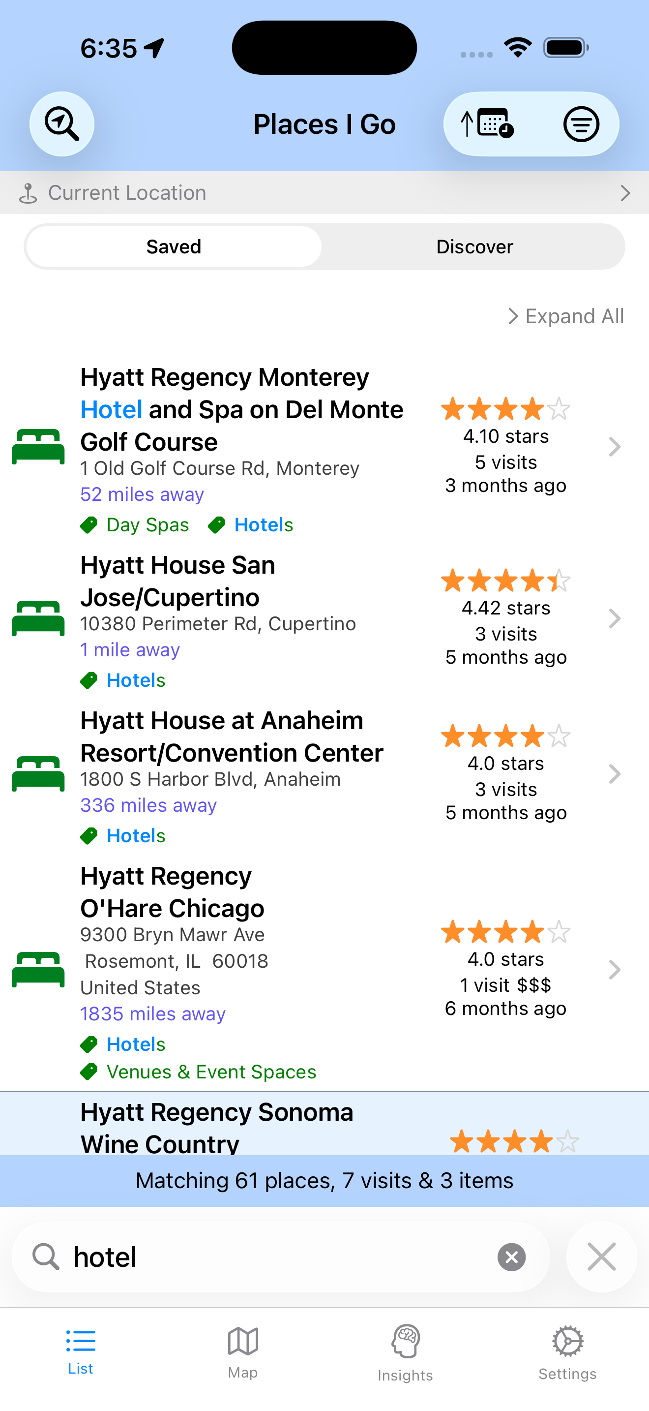 Hotel tracking in Places I Go