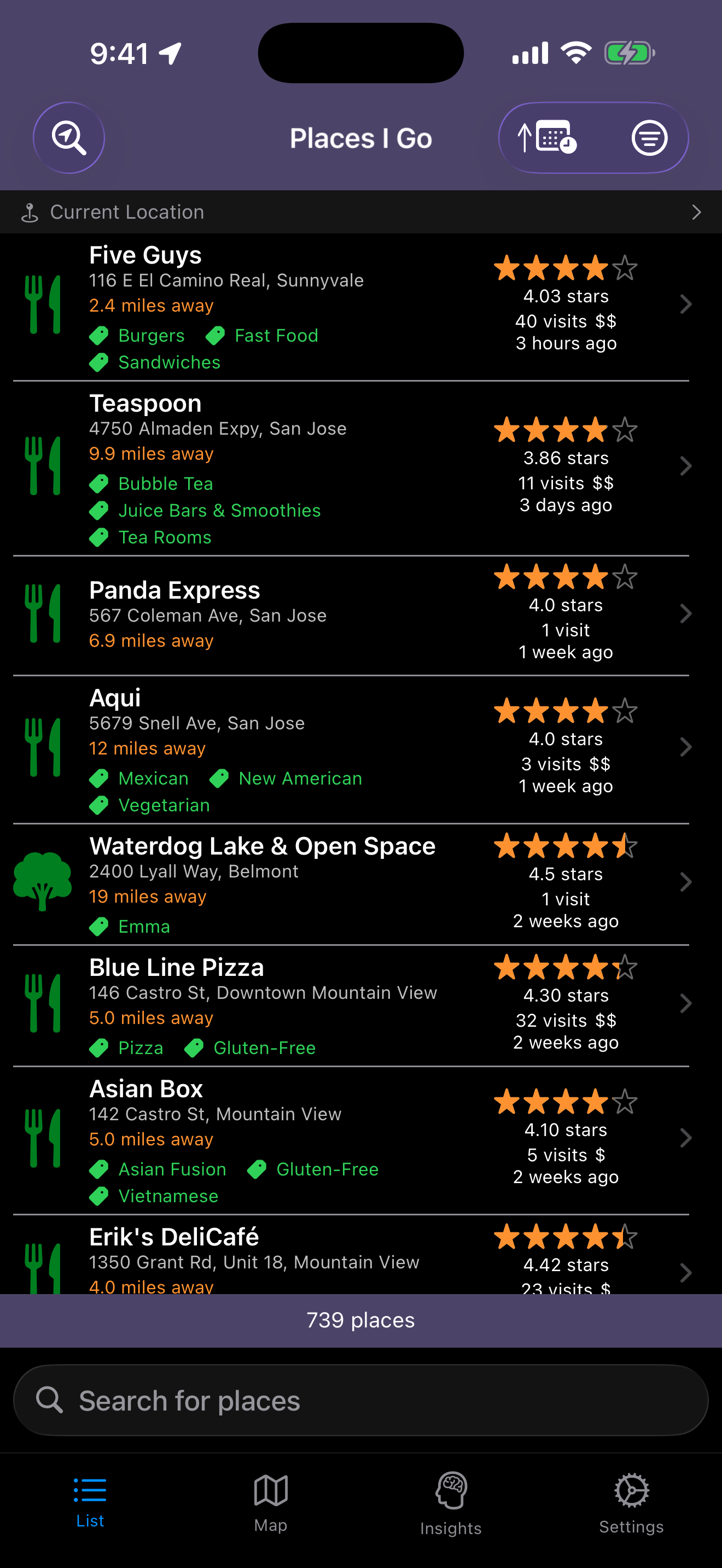 Saved places list in Places I Go
