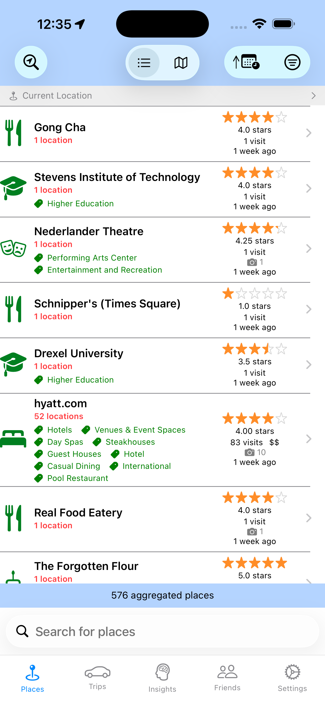 Saved places list in Places I Go