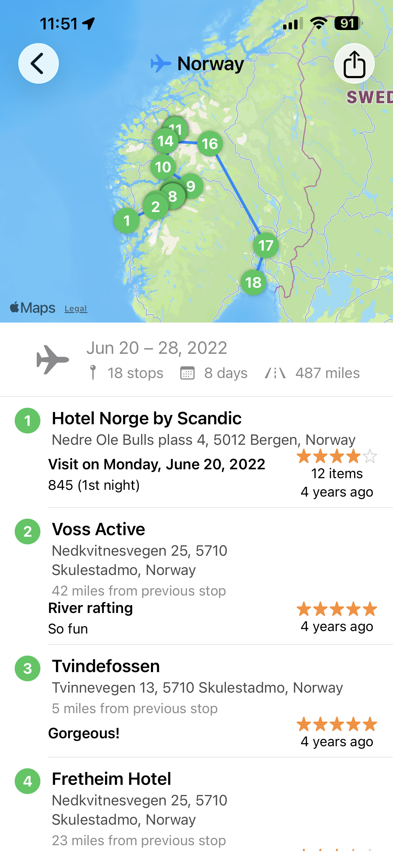 Places I Go Norway trip with numbered stops and map