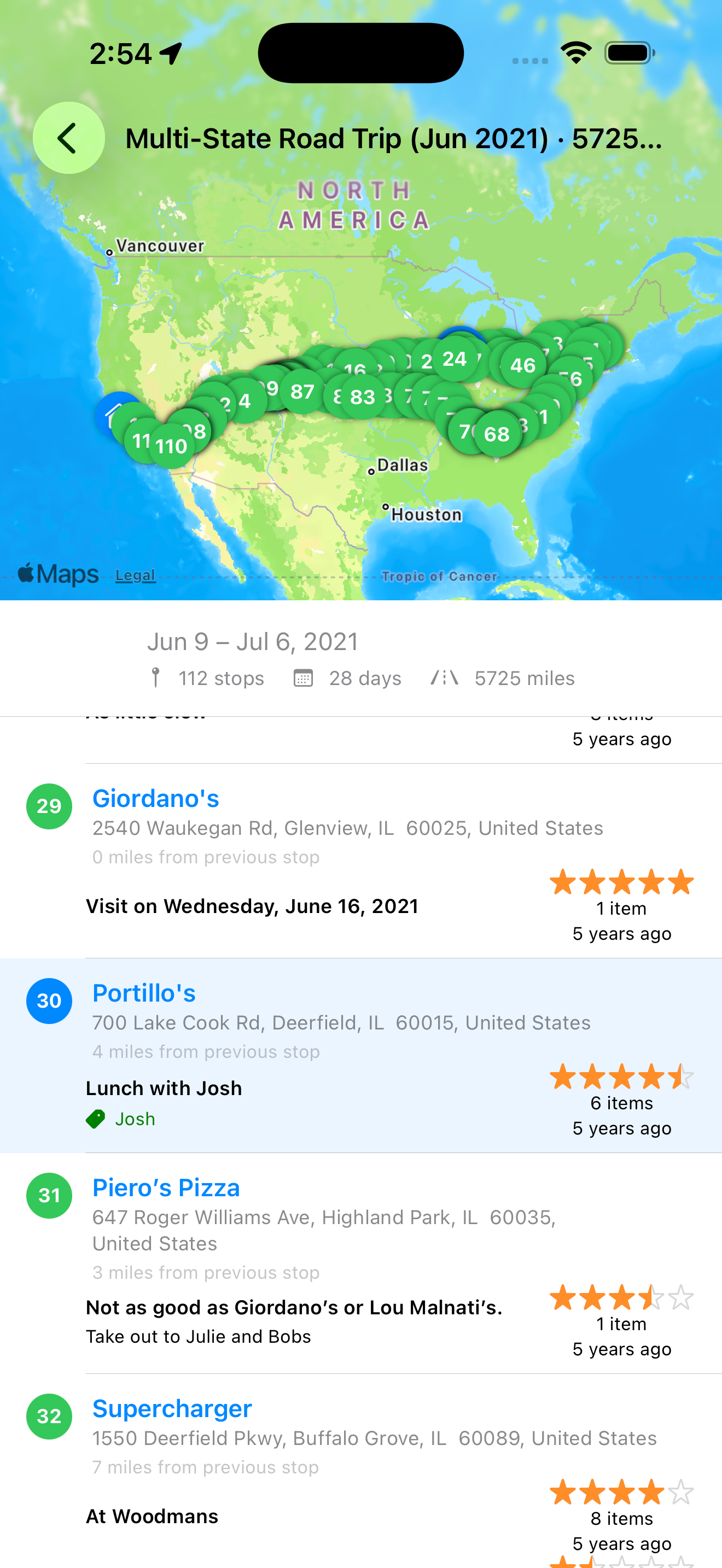 Road trip detail view with numbered stops, ratings, and a cross-country map