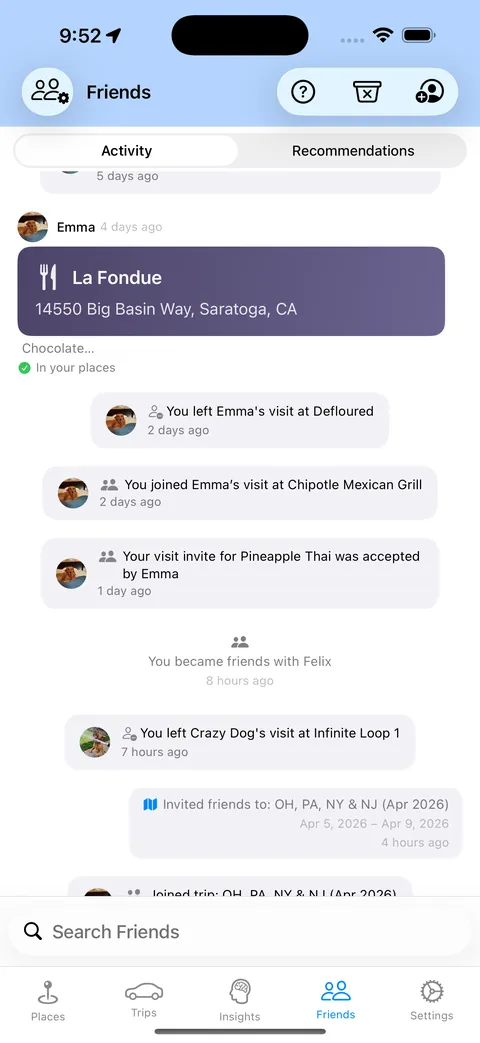 Friends activity feed showing recent visits and shared places
