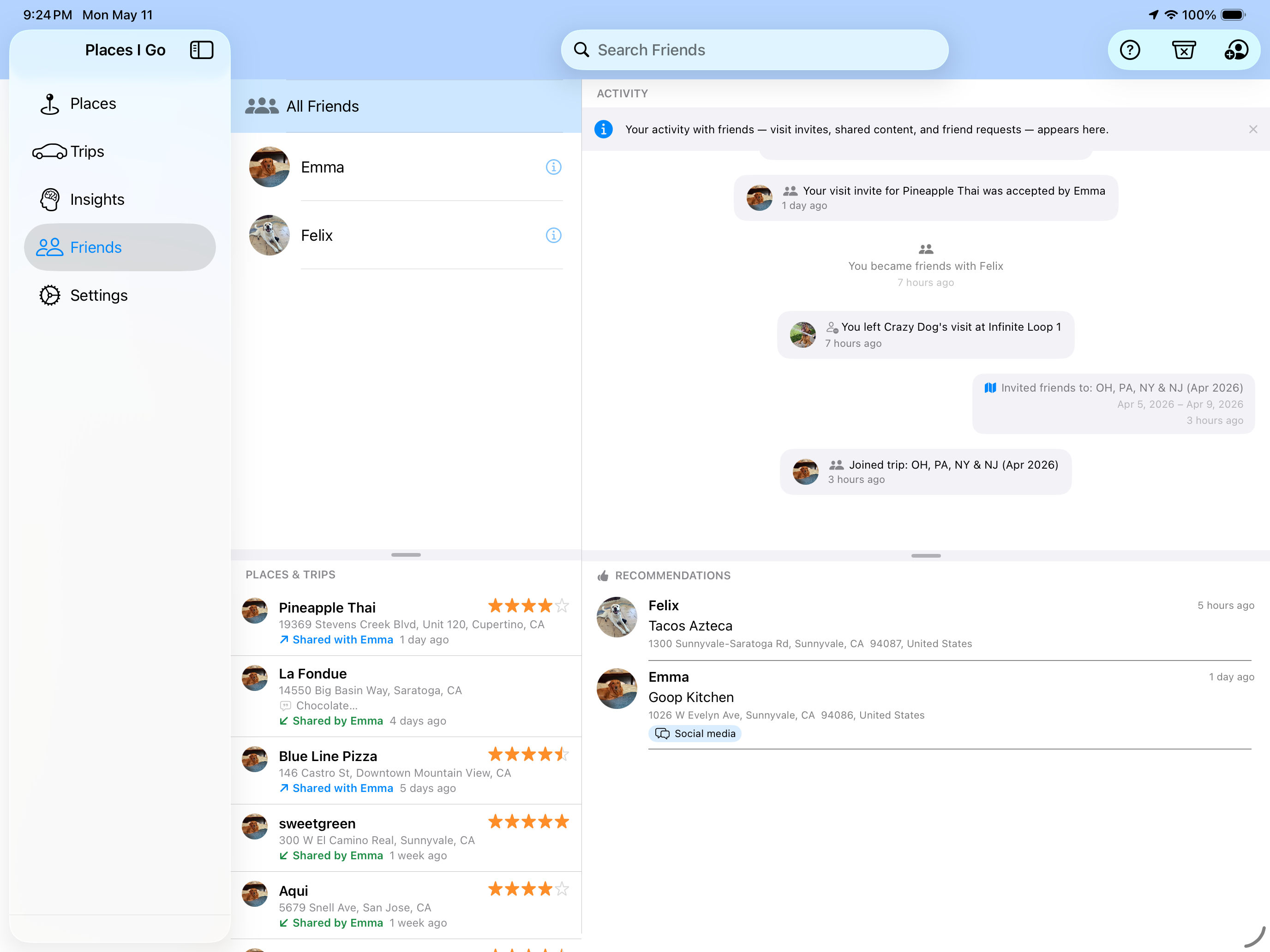 Friends tab on iPad showing activity, shared places, and recommendations together