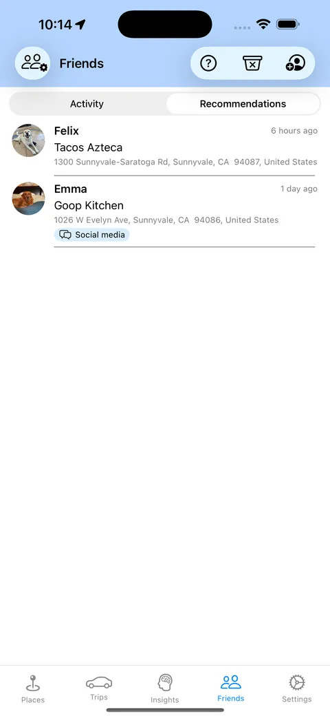 Recommendations from friends in Places I Go