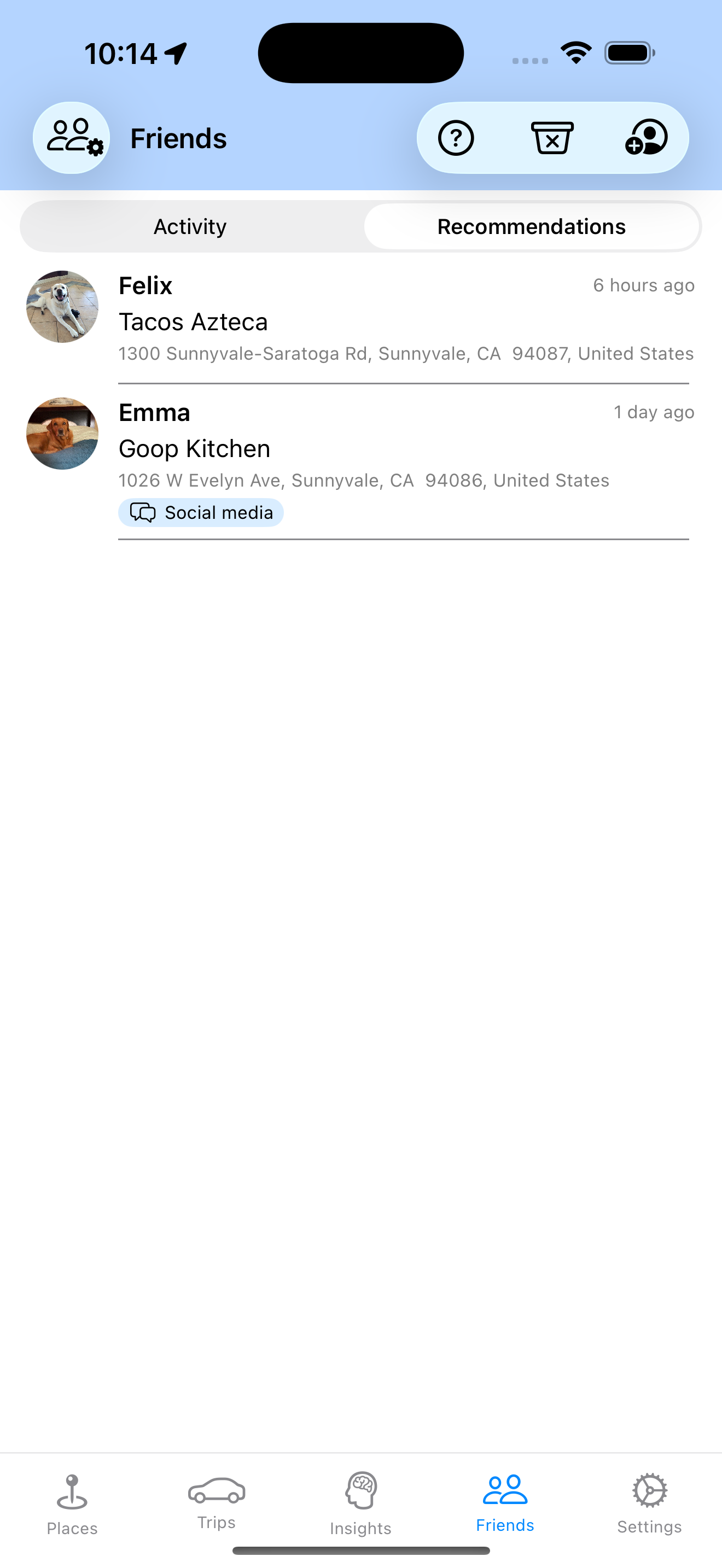 Recommendations from friends in Places I Go