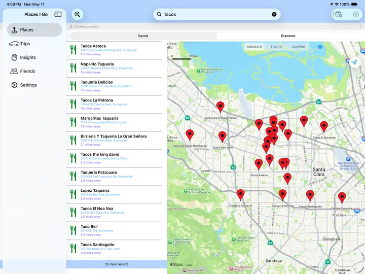 Places I Go on iPad showing the places list on the left and the map with pins on the right