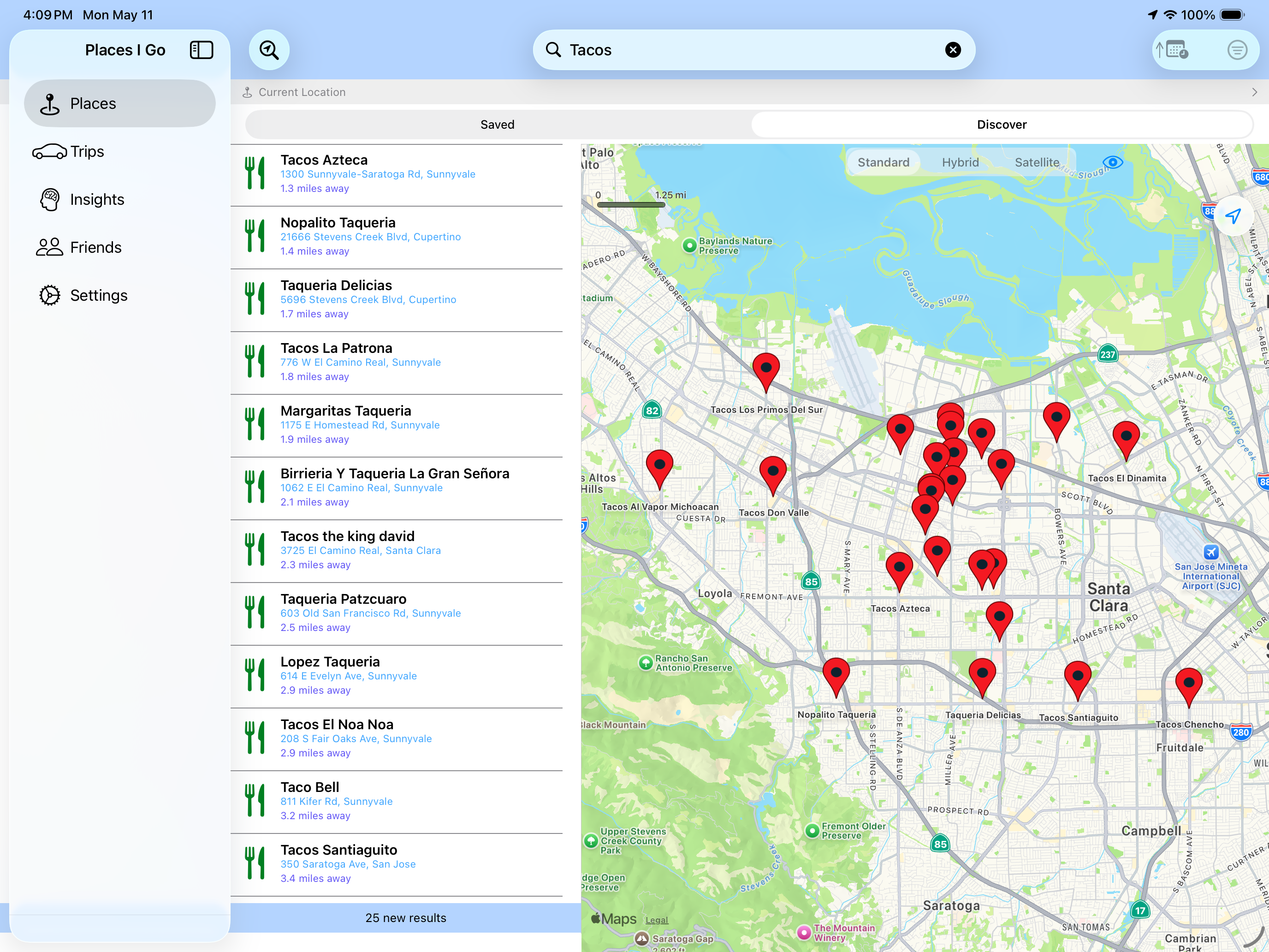 Places I Go on iPad showing the places list on the left and the map with pins on the right