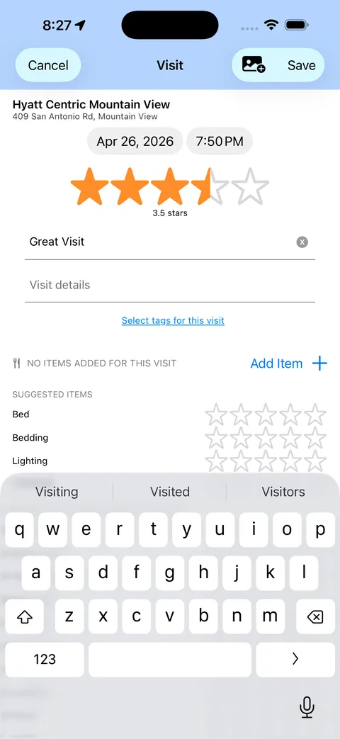 Adding a visit with ratings and notes
