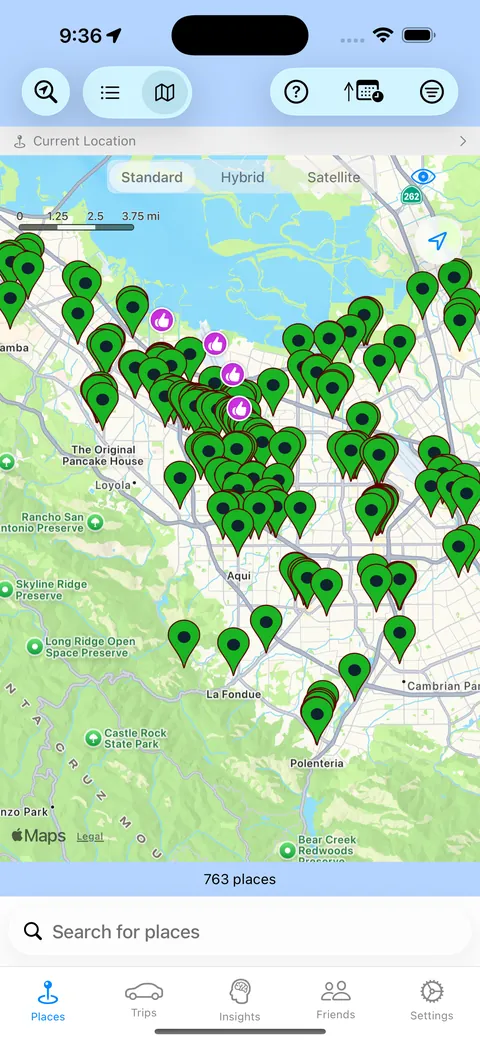 Places I Go map view showing saved places