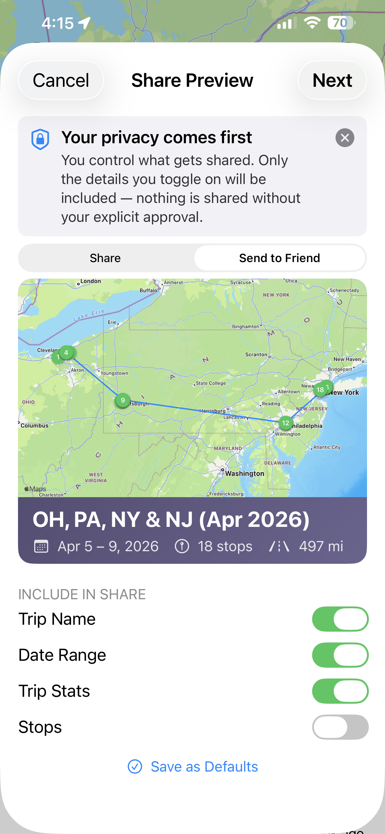 Sharing a trip with selective controls over what's included